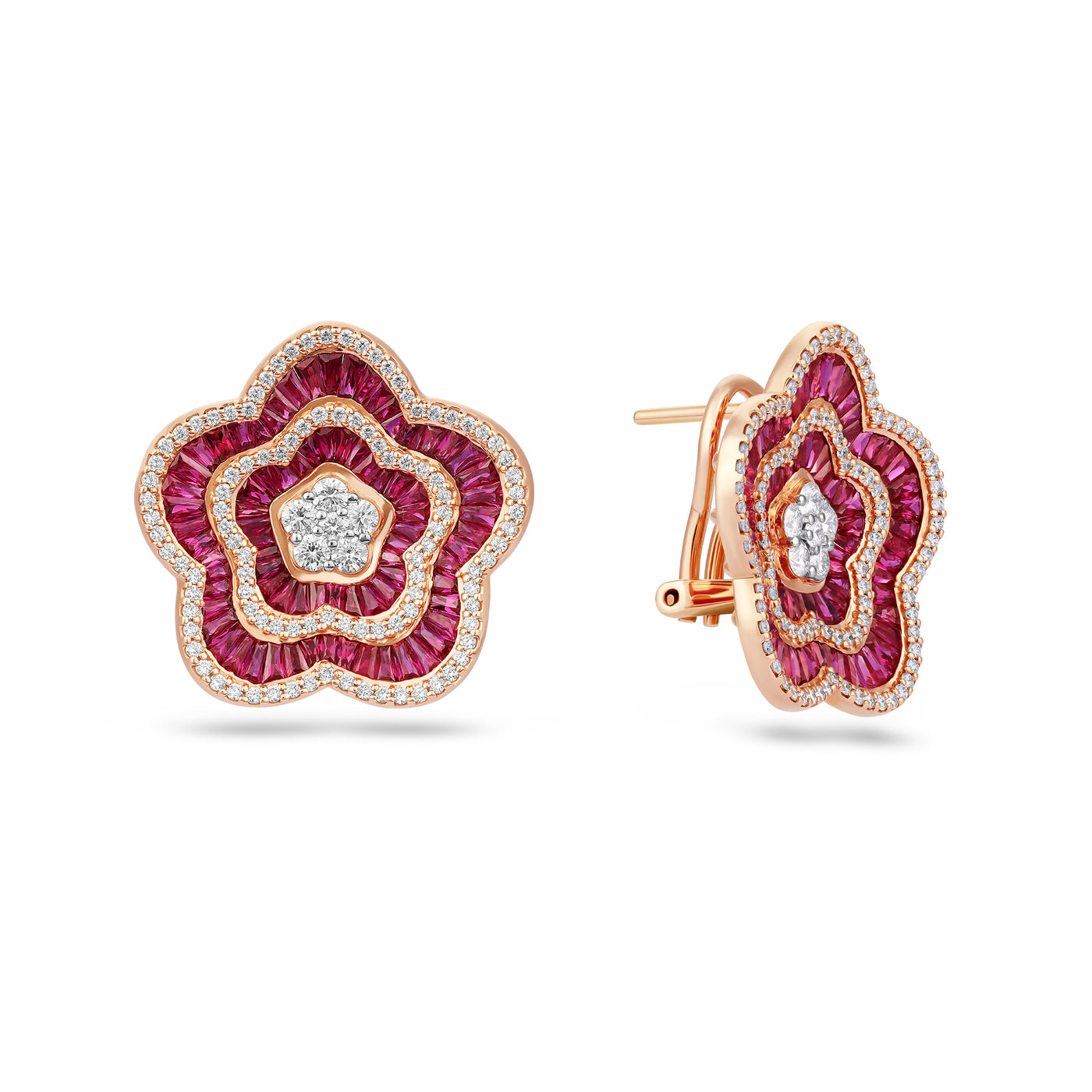 Rose Gold Flower Diamond and Ruby Earrings