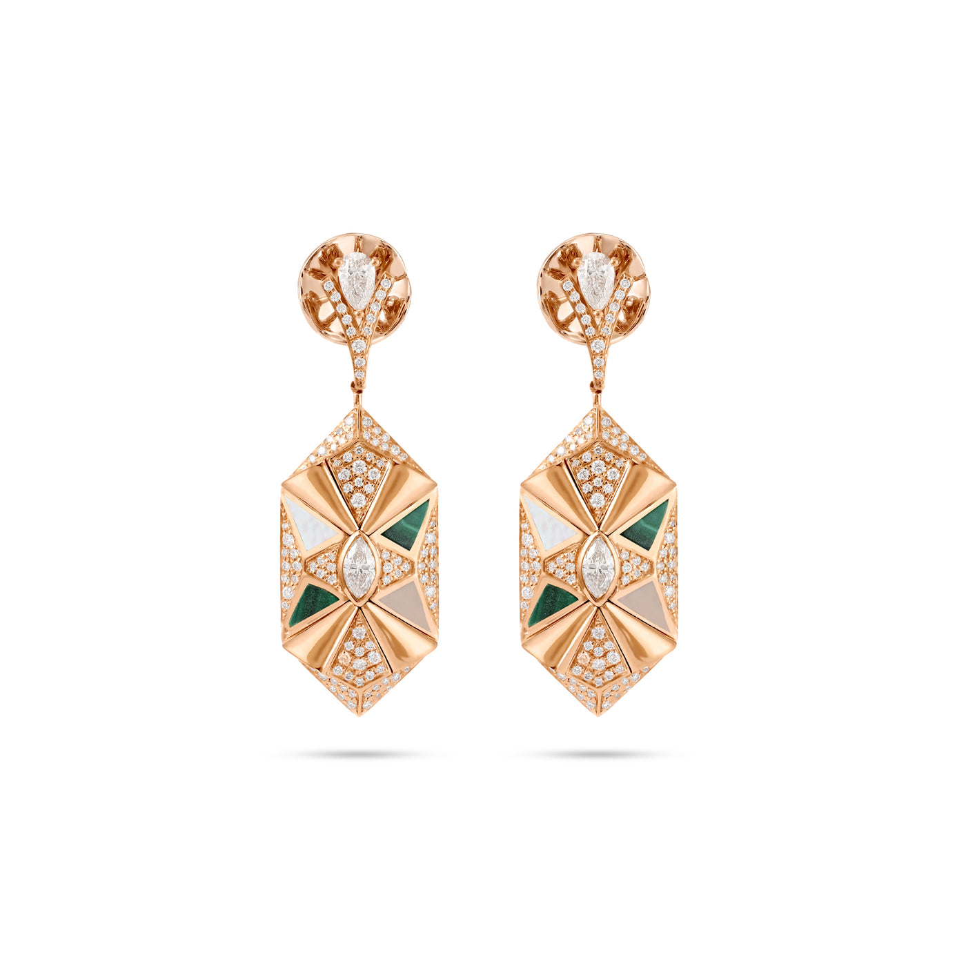 Rose Gold Diamond Earring with Malachite and Mather of pearl