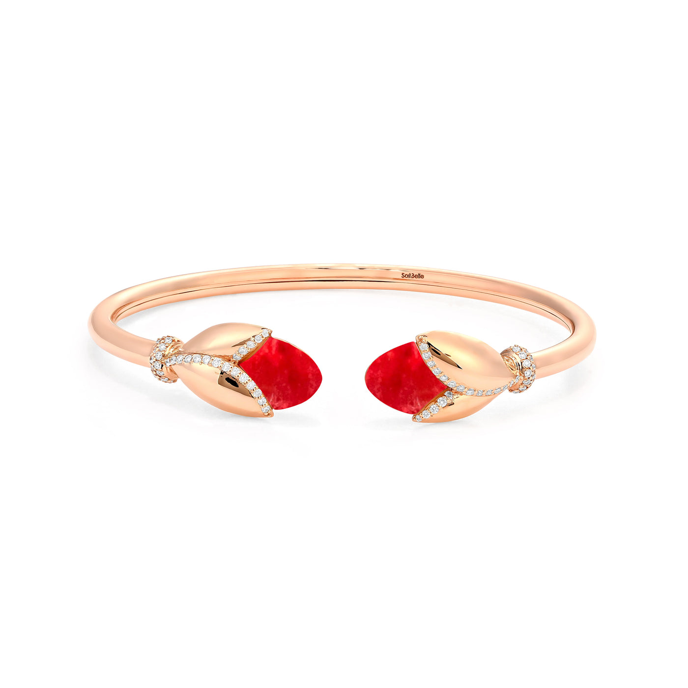 RONZA Rose Gold Leaves Cherry Quartz Open Diamond Bangle