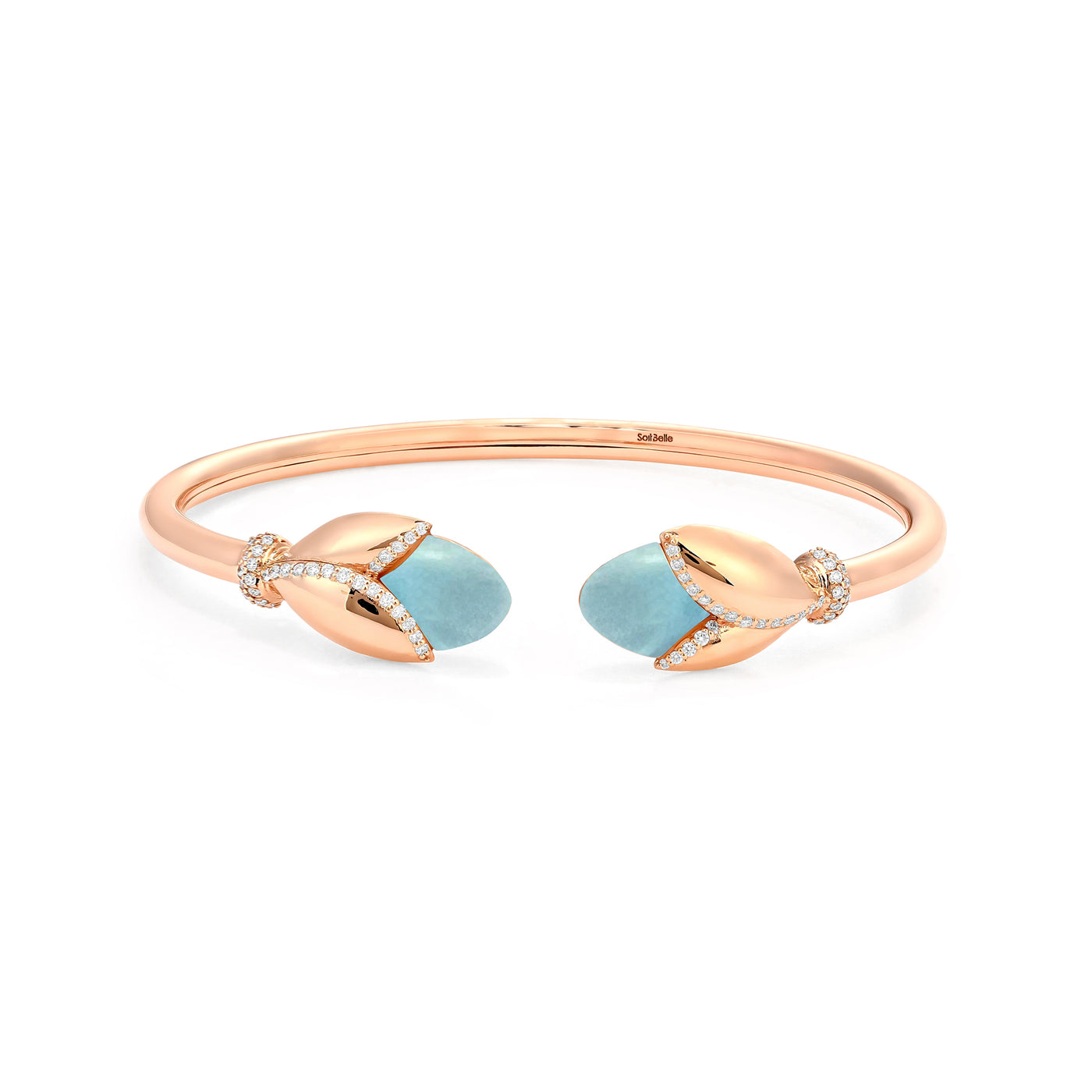 RONZA Rose Gold Leaves Blue Chalcedony Open Diamond Bangle