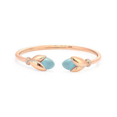 RONZA Rose Gold Leaves Blue Chalcedony Open Diamond Bangle