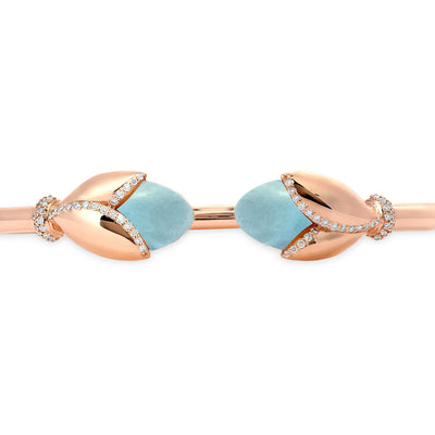 RONZA Rose Gold Leaves Blue Chalcedony Open Diamond Bangle