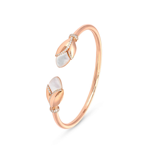 RONZA Rose Gold Leaves Mother Of Pearl Open Diamond Bangle RONZA Rose Gold Leaves Mother Of Pearl Open Diamond Bangle