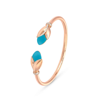  RONZA Rose Gold Leaves Turquoise Open Diamond Bangle