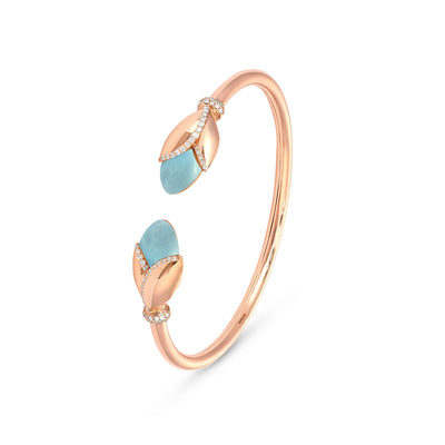  RONZA Rose Gold Leaves Blue Chalcedony Open Diamond Bangle