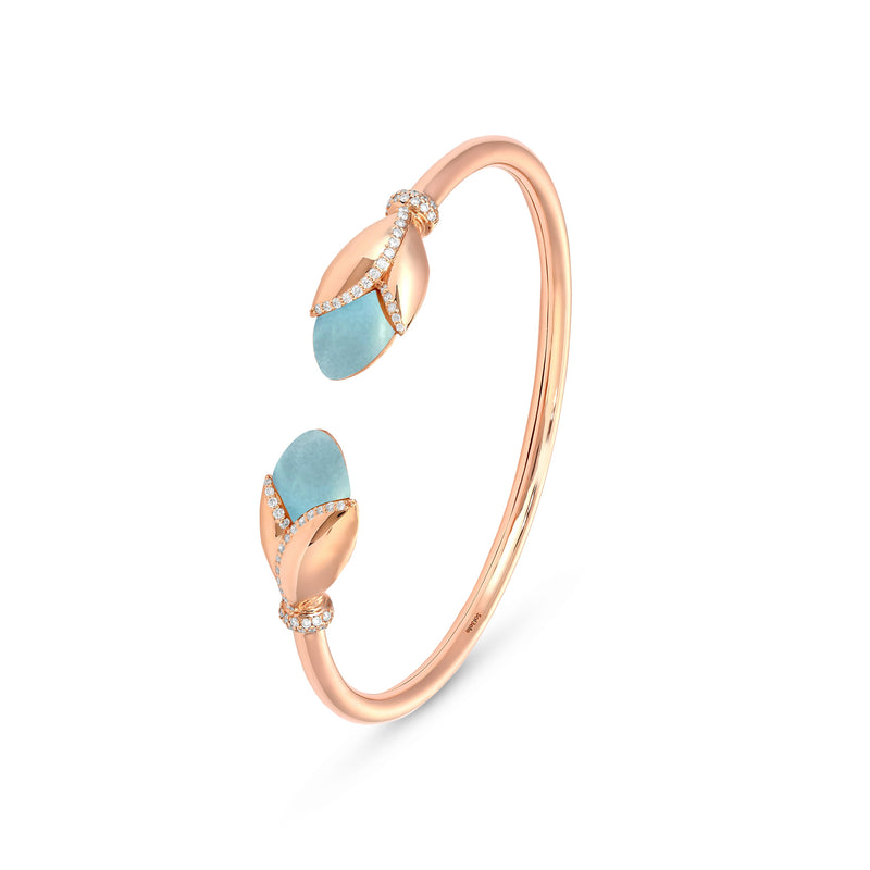 RONZA Rose Gold Leaves Blue Chalcedony Open Diamond Bangle