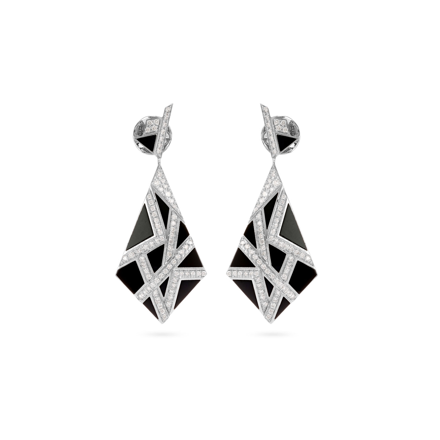 White Gold Diamond Earrings Pyramid With Black Onyx