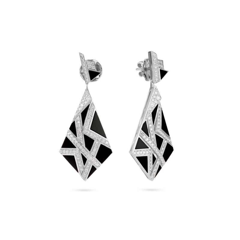 VISTA White Gold Diamond Earrings Pyramid With Black Onyx