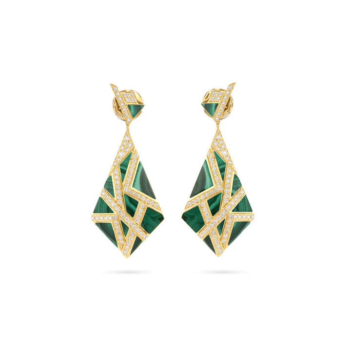 VISTA Yellow Gold Diamond Earrings Pyramid With Malachite