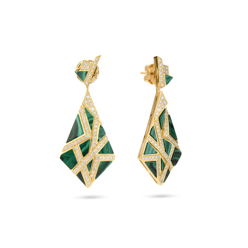 VISTA Yellow Gold Diamond Earrings Pyramid With Malachite