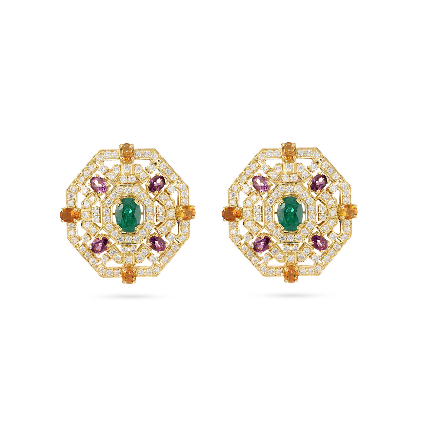 Yellow Gold Hexagon Diamond and natural stone Earring