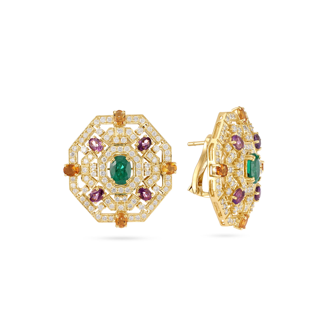 Soit Belle Yellow Gold Hexagon Diamond and natural stone Earring