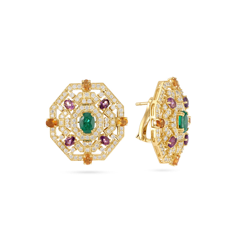 VISTA Yellow Gold Hexagon Diamond and natural stone Earring