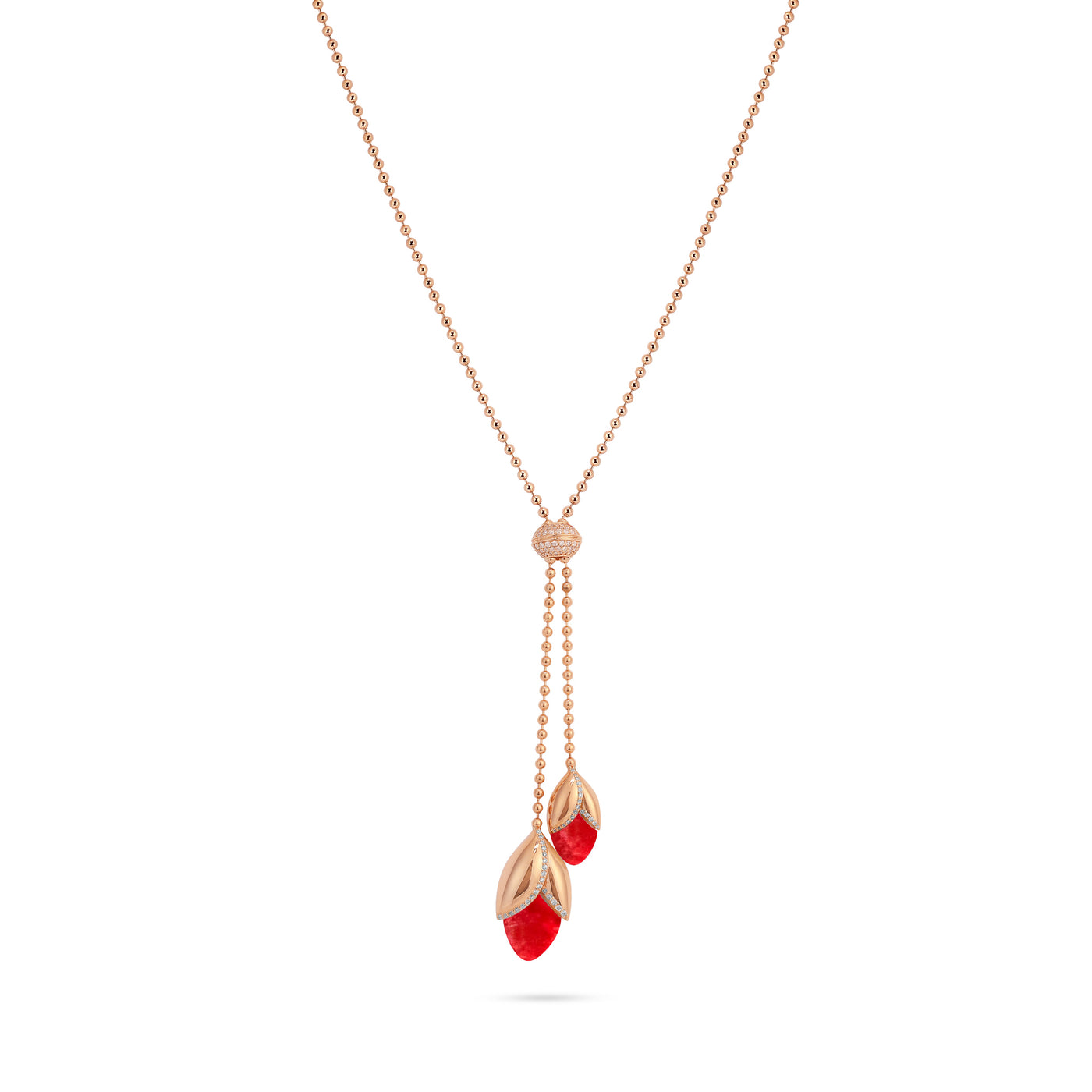 RONZA Rose Gold leaves Cherry Quartz diamond necklace