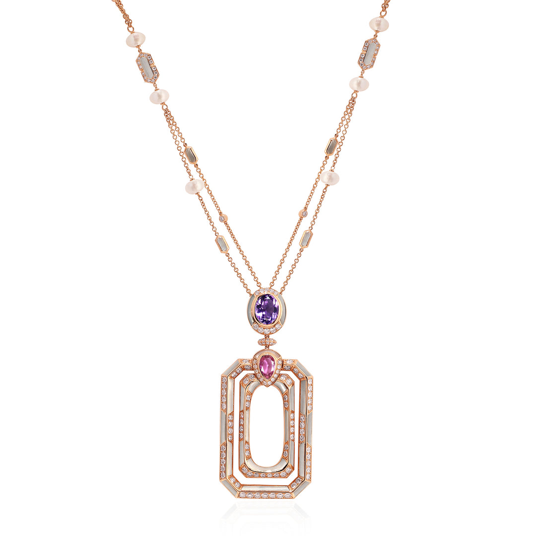 D' OPRAH Rose Gold Diamond Necklace amethyst Pink Sapphire Natural stones