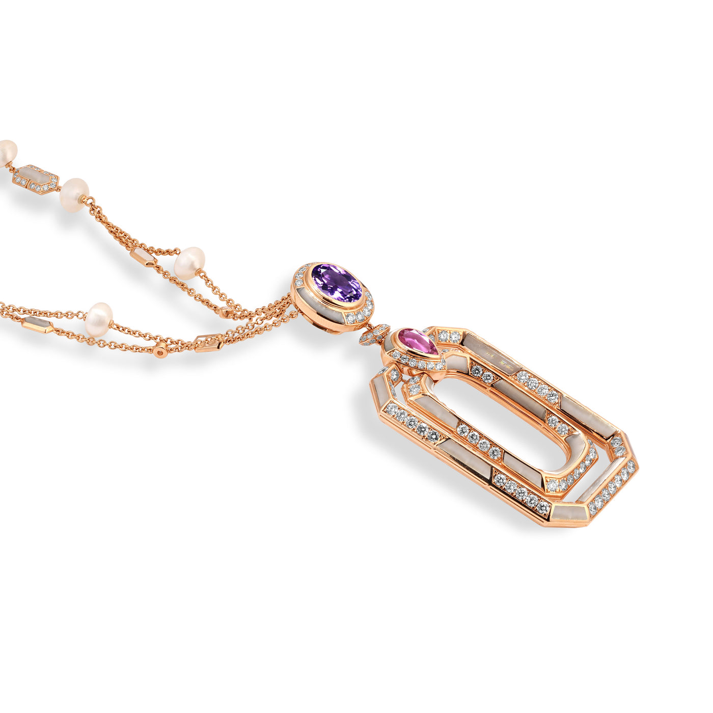 D' OPRAH Rose Gold Diamond Necklace amethyst Pink Sapphire Natural stones