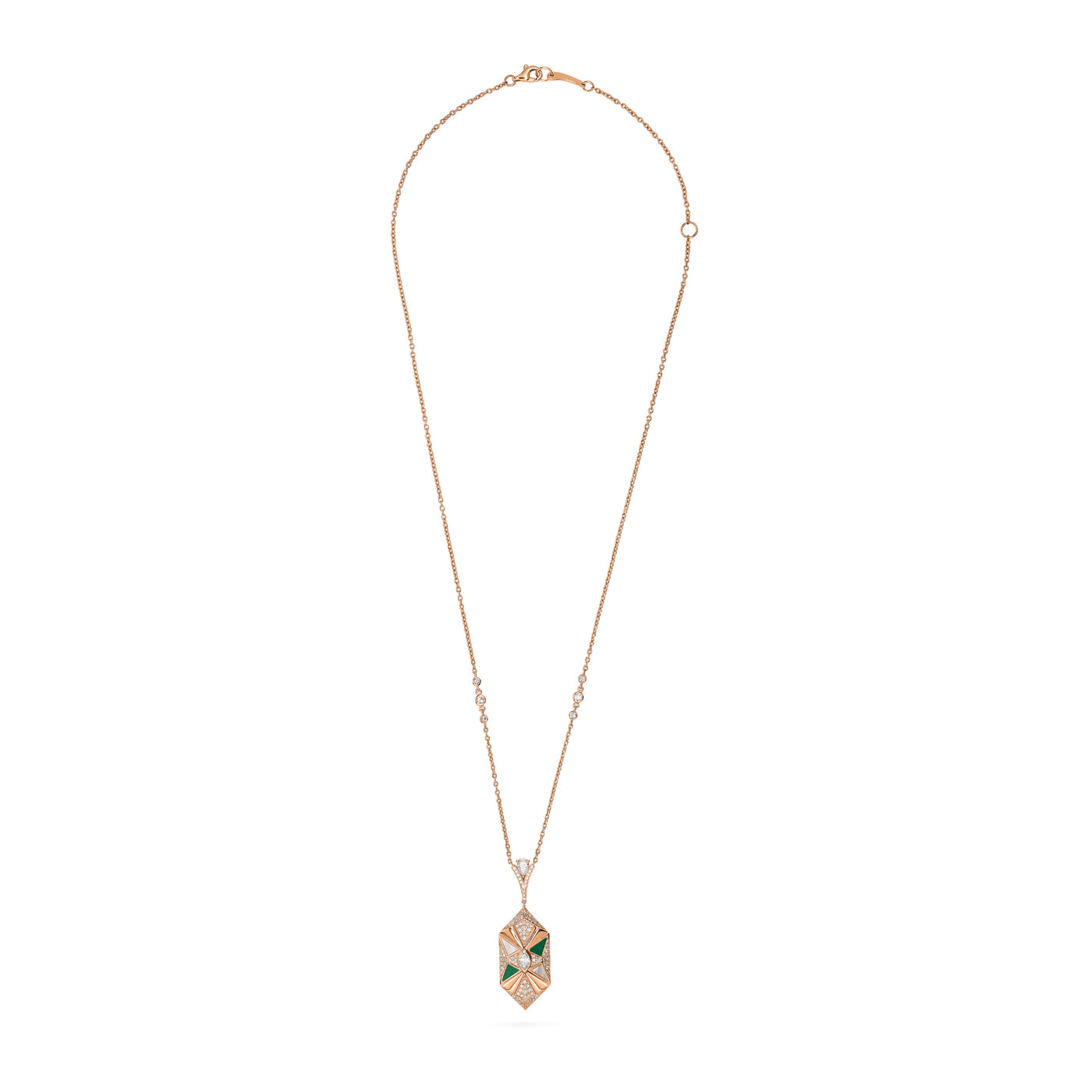 Rose Gold Diamond Pendant with Malachite and Mother Of Pearl