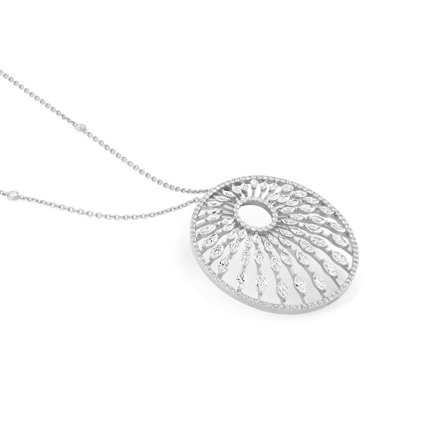 White Gold Radiant Sunburst Diamond Pendant