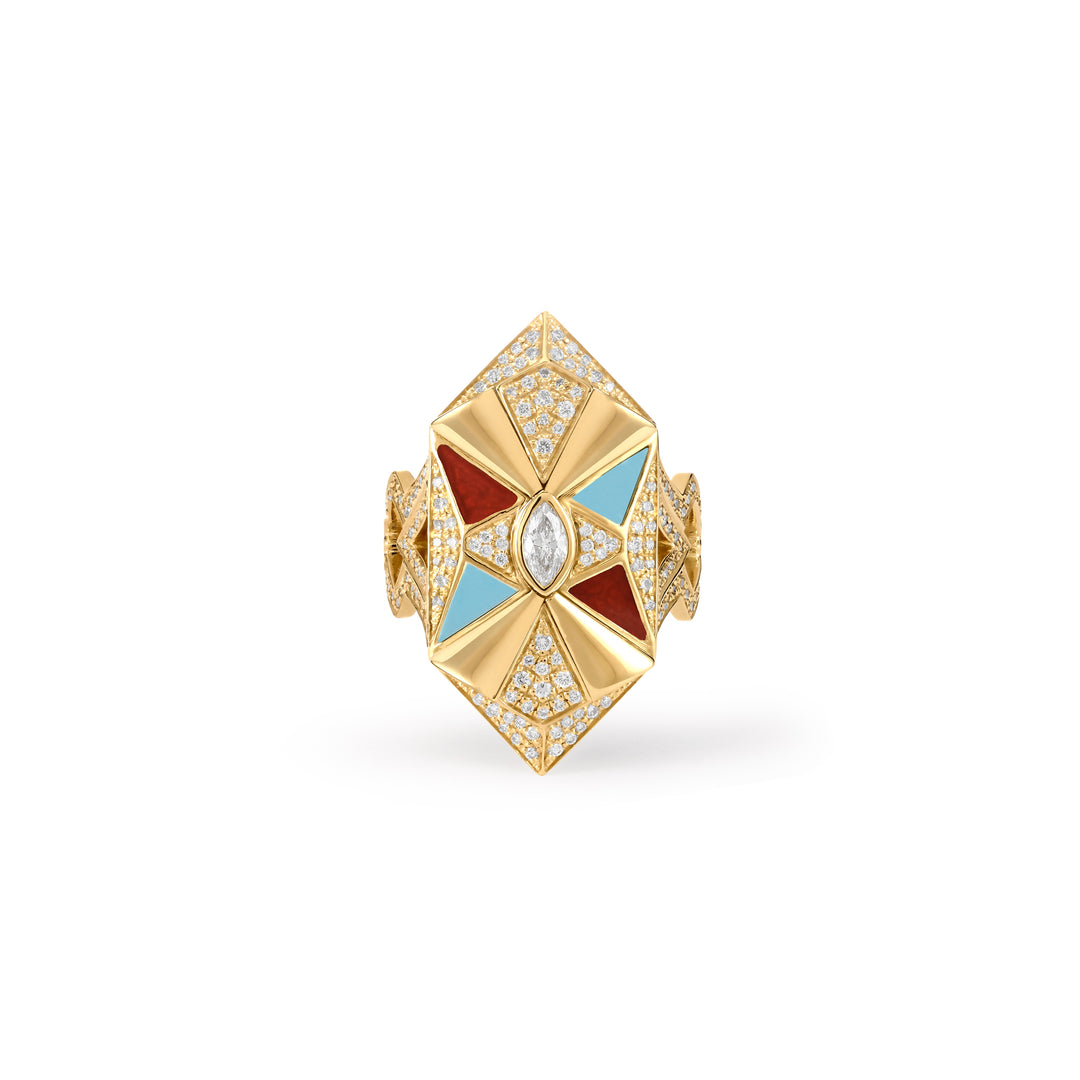 VISTA Yellow Gold Diamond Geometric Ring With Turquoise and Carnelian