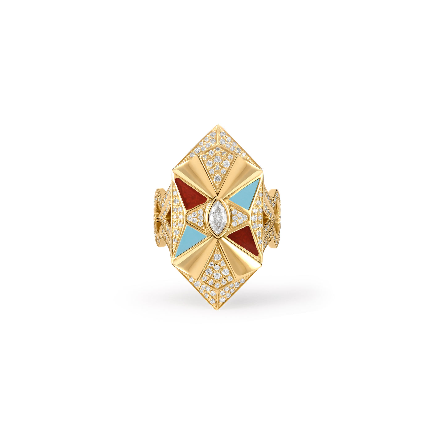 Soit Belle Yellow Gold Diamond Geometric Ring With Turquoise and Carnelian