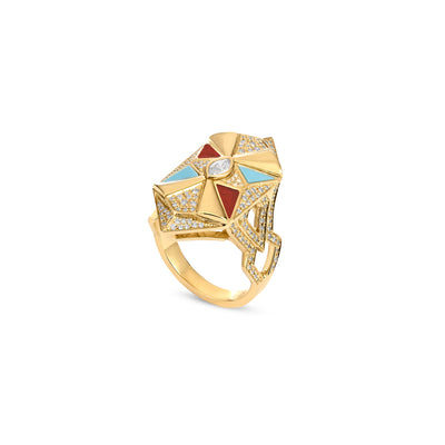 Yellow Gold Diamond Geometric Ring With Turquoise and Carnelian