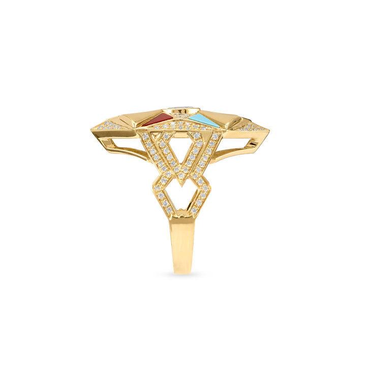VISTA Yellow Gold Diamond Geometric Ring With Turquoise and Carnelian