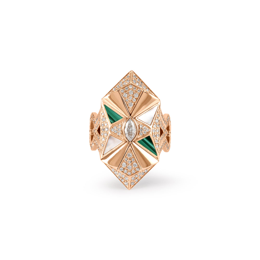 VISTA Rose Gold Diamond Geometric Ring With Malachite and Mather Of Pearl
