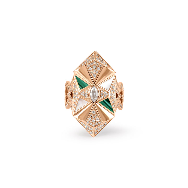 VISTA Rose Gold Diamond Geometric Ring With Malachite and Mather Of Pearl