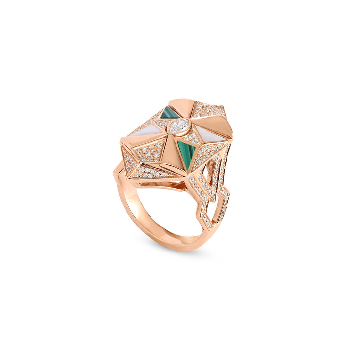 VISTA Rose Gold Diamond Geometric Ring With Malachite and Mather Of Pearl