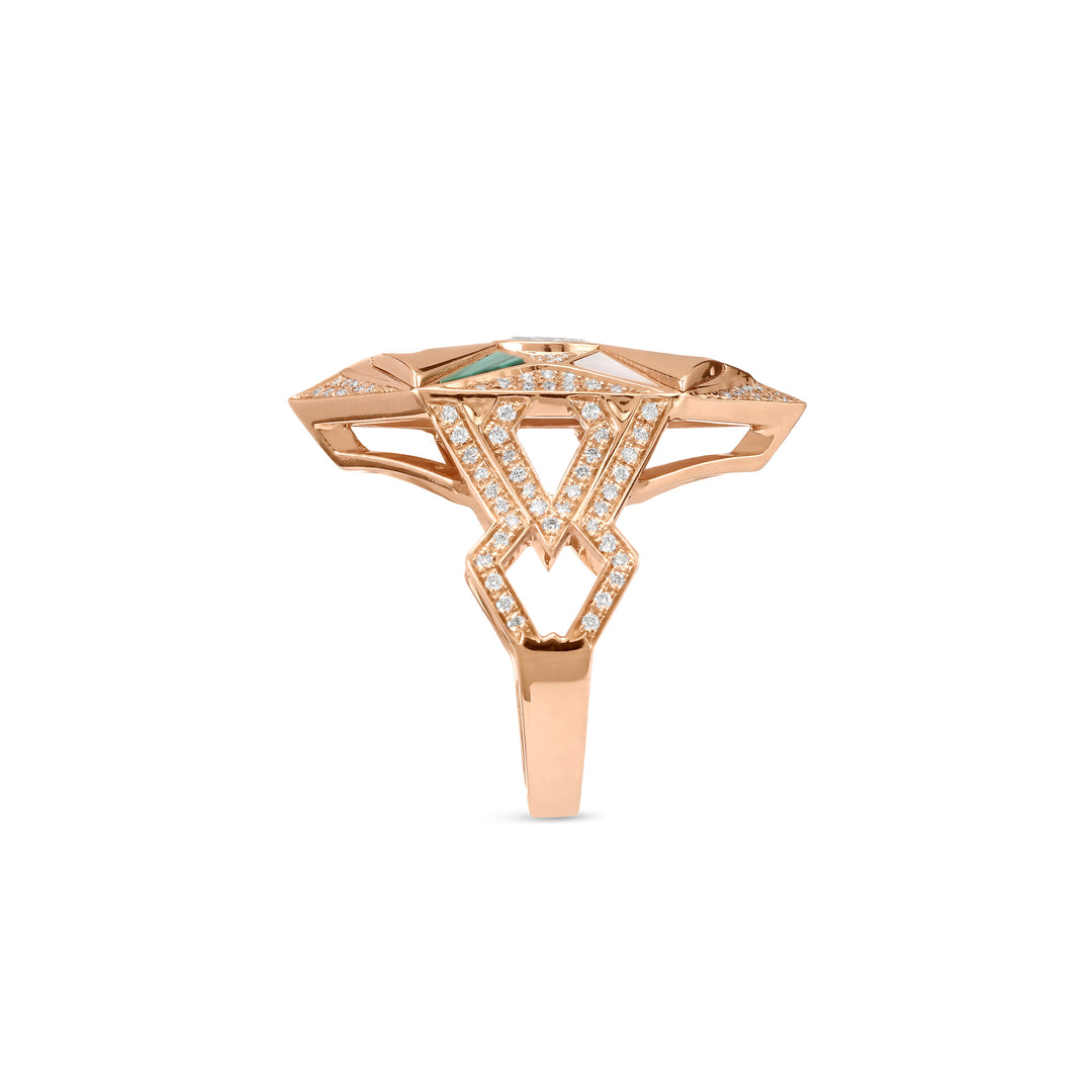 VISTA Rose Gold Diamond Geometric Ring With Malachite and Mather Of Pearl
