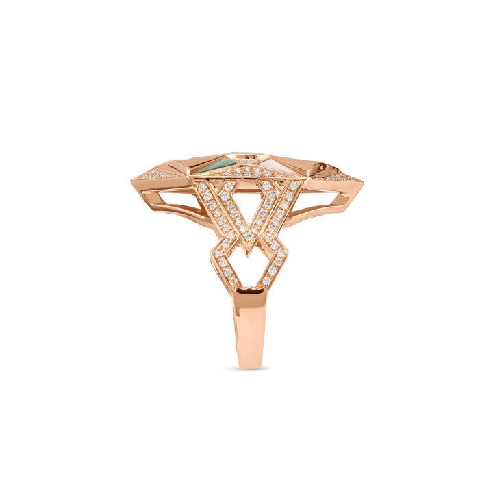 VISTA Rose Gold Diamond Geometric Ring With Malachite and Mather Of Pearl