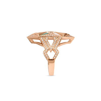 Rose Gold Diamond Geometric Ring With Malachite and Mather Of Pearl