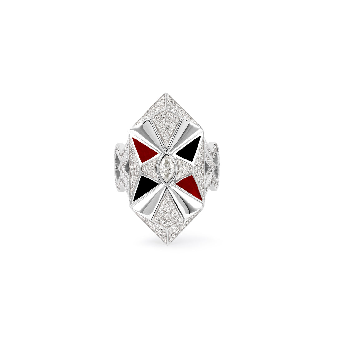 VISTA White Gold Diamond Geometric Ring With Black Onyx and Carnelian