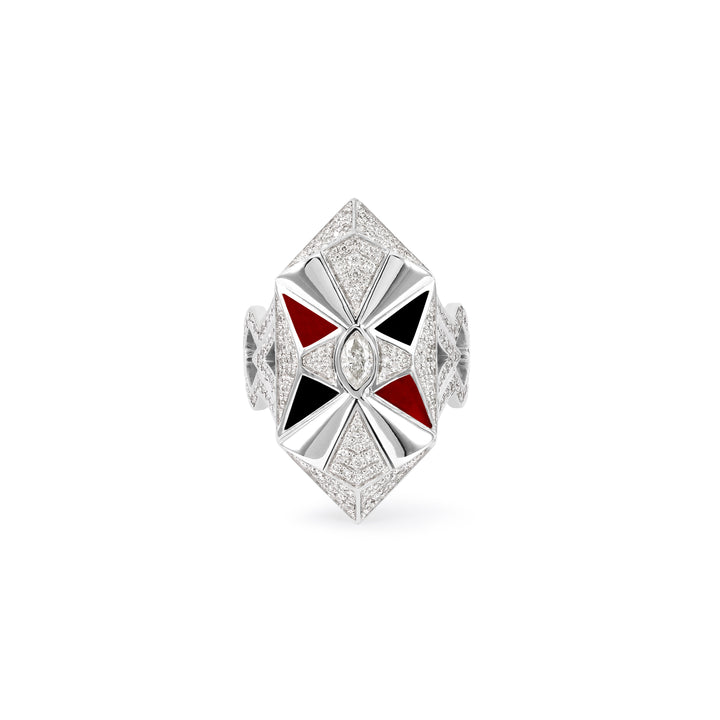 VISTA White Gold Diamond Geometric Ring With Black Onyx and Carnelian