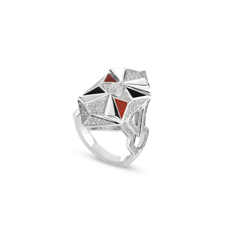 VISTA White Gold Diamond Geometric Ring With Black Onyx and Carnelian