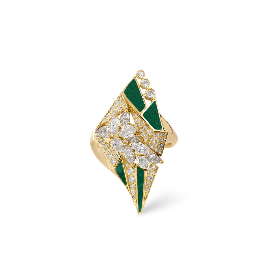 VISTA Yellow Gold Diamond Geometric Ring With Malachite