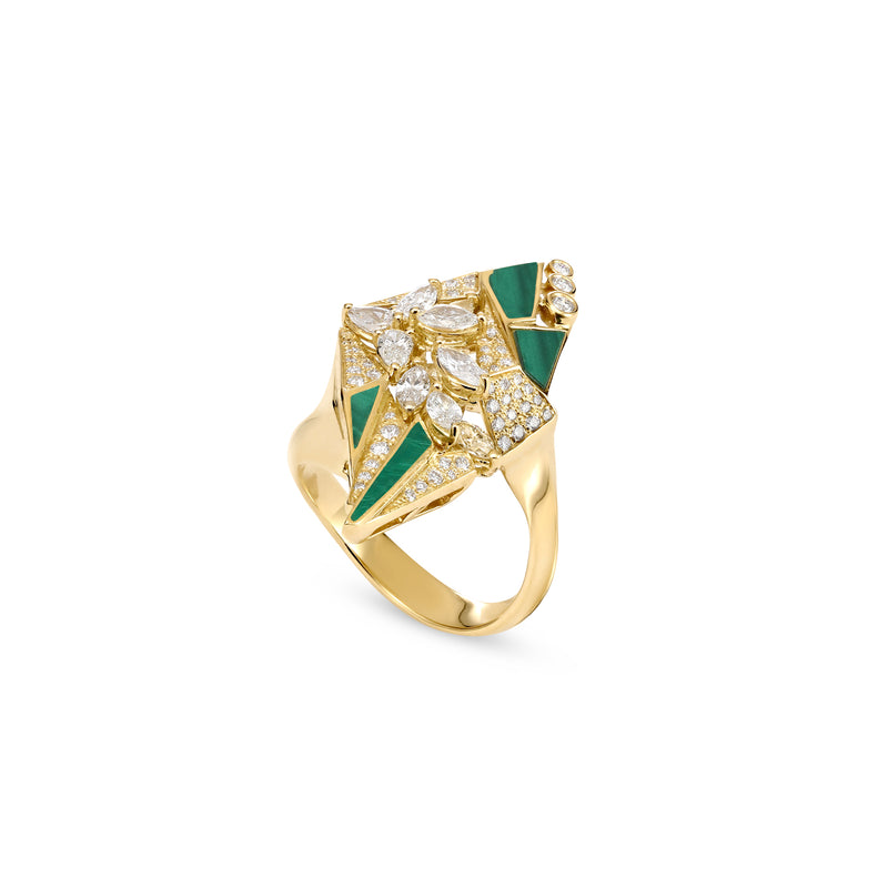 VISTA Yellow Gold Diamond Geometric Ring With Malachite