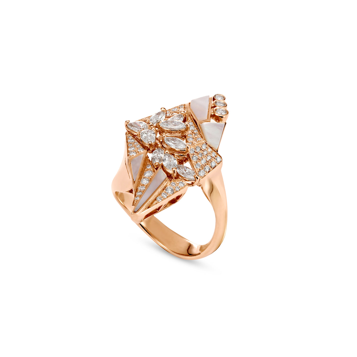 Rose Gold Diamond Geometric Ring With Mother Of Pearl