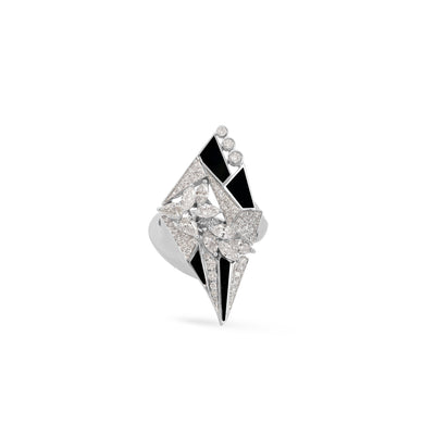 VISTA White Gold Diamond Geometric Ring With Black Onyx