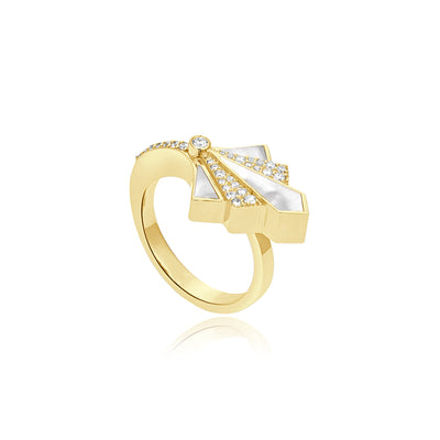 Yellow Gold Mother Of Pearl and Round Diamond Ring VISTA Yellow Gold Mother Of Pearl Round Diamond Ring