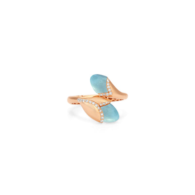 RONZA Rose Gold diamond Ring with Leaves Blue Chalcedony Double Head