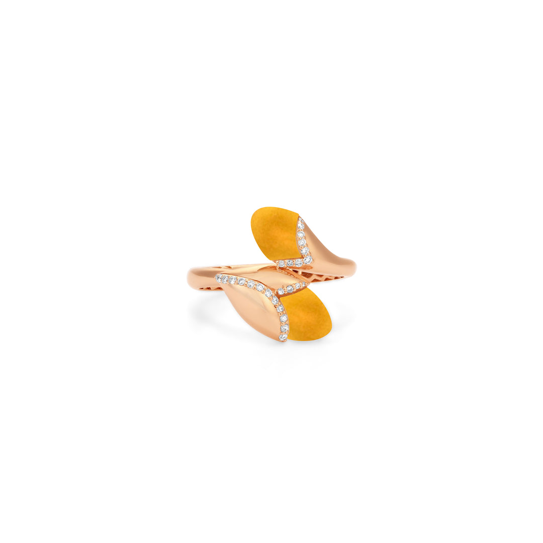 RONZA Rose Gold diamond Ring with Leaves Lemon Quartzite Double Head