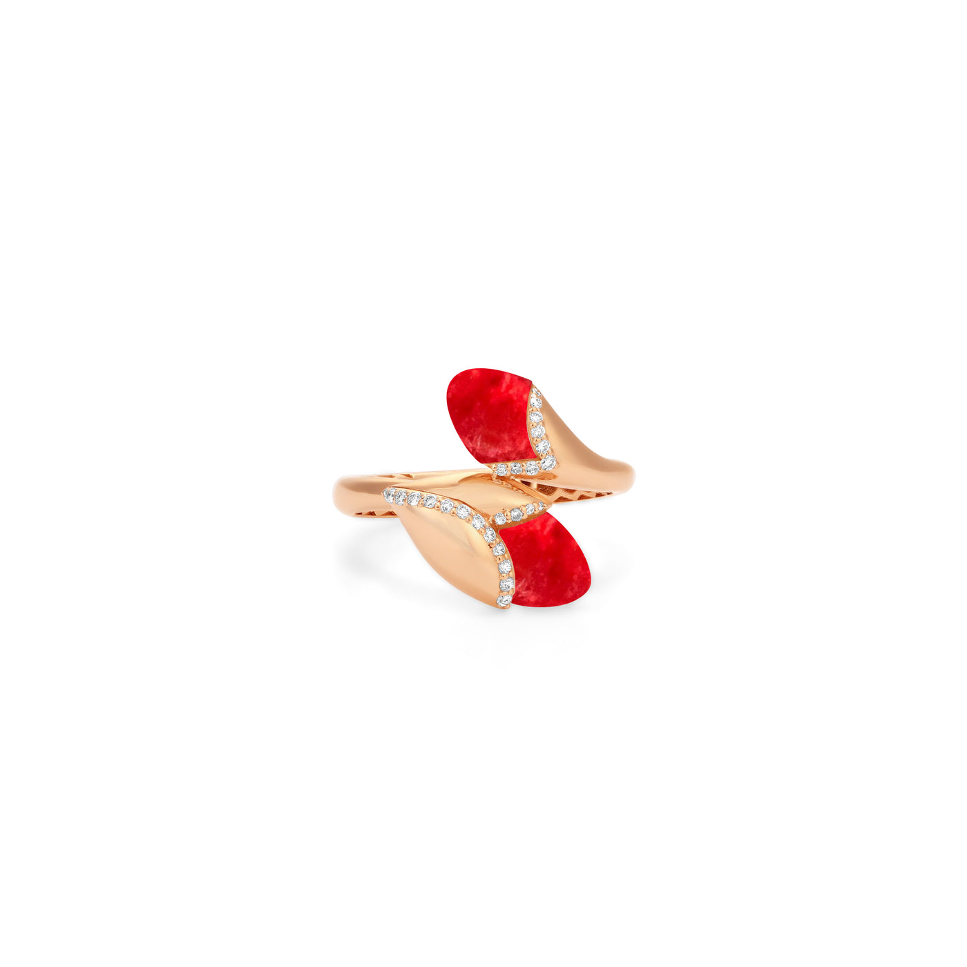 RONZA Rose Gold diamond Ring with Leaves Cherry Quartz Double Head