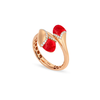  RONZA Rose Gold diamond Ring with Leaves Cherry Quartz Double Head