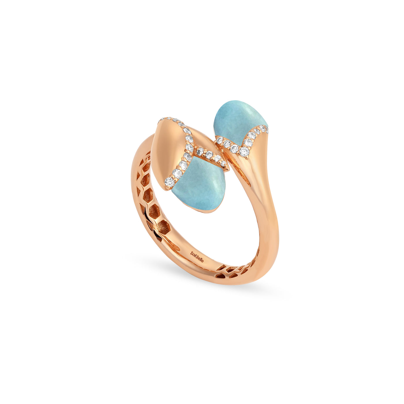RONZA Rose Gold diamond Ring with Leaves Blue Chalcedony Double Head
