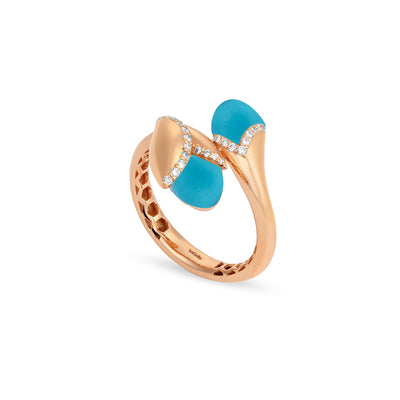 RONZA Rose Gold diamond Ring with Leaves Blue Chalcedony Double Head