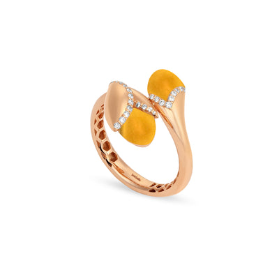  RONZA Rose Gold diamond Ring with Leaves Yellow Agate Double Head
