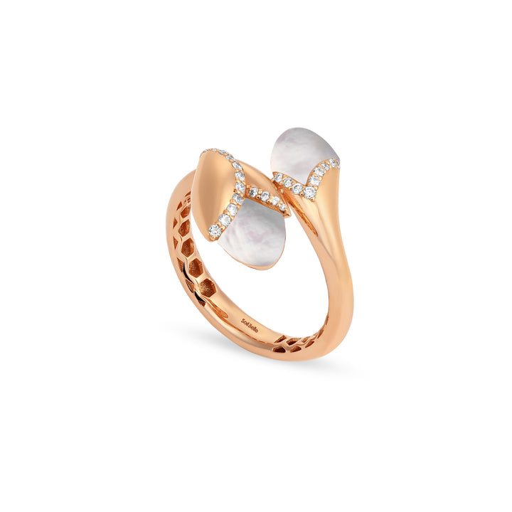 RONZA Rose Gold diamond Ring with Leaves Lemon Quartzite Double Head