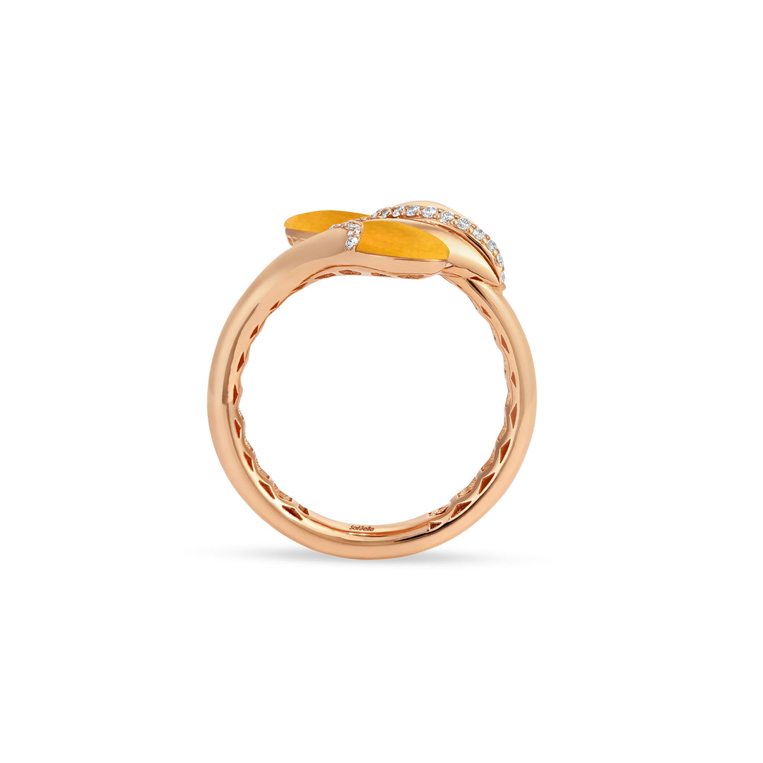 RONZA Rose Gold diamond Ring with Leaves Lemon Quartzite Double Head