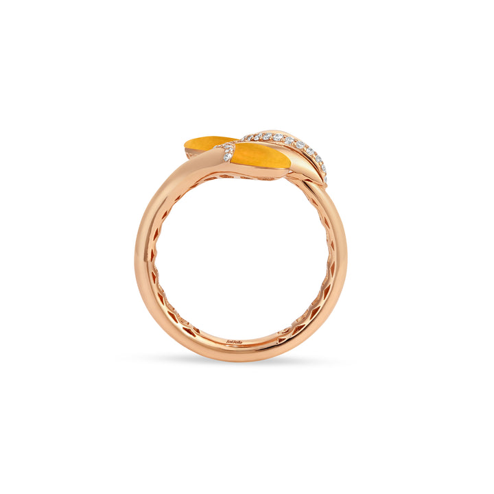 RONZA Rose Gold diamond Ring with Leaves Lemon Quartzite Double Head